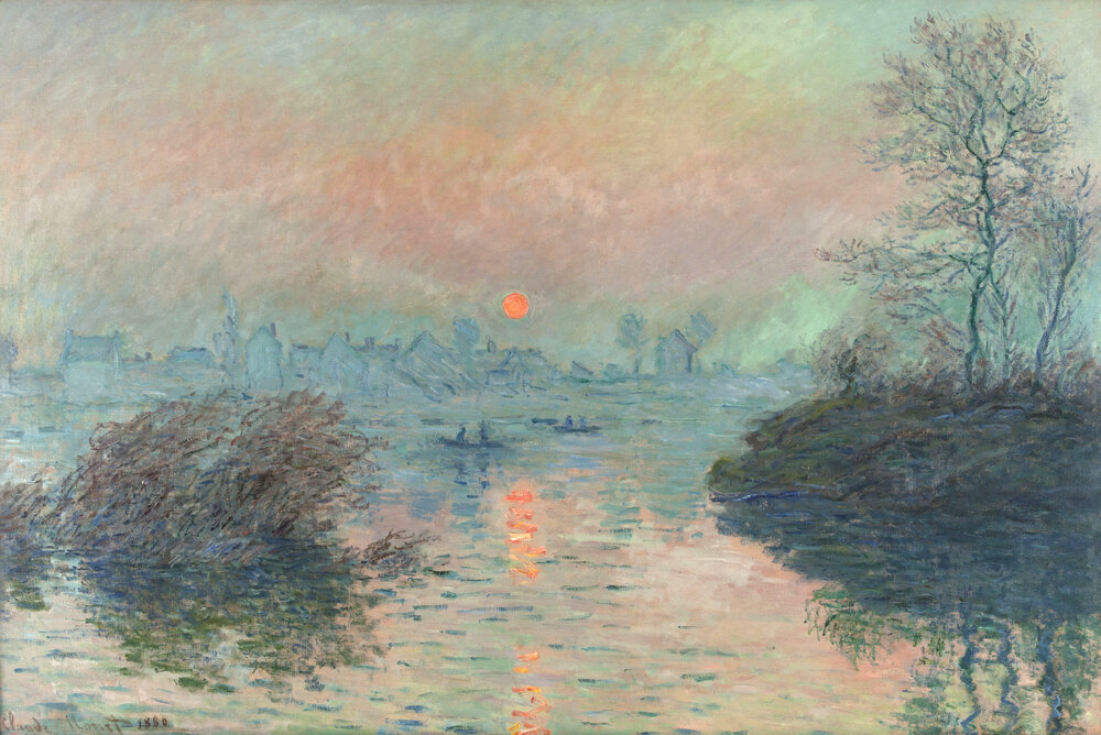 Sun setting on the Seine at Lavacourt (1880) Claude Monet, high resolution famous painting. Original from The Petit Palais. Digitally enhanced by rawpixel.